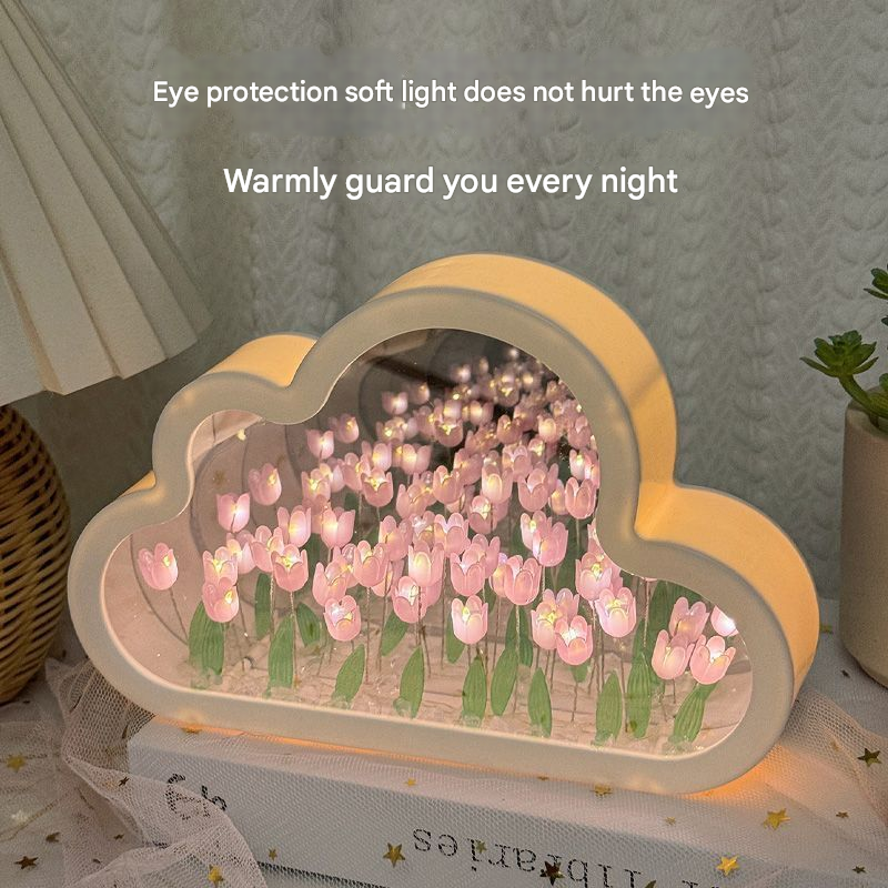 DIY Cloud Tulip Night Light – Handmade Nordic-Style Floral Mirror Lamp with Built-In Battery
